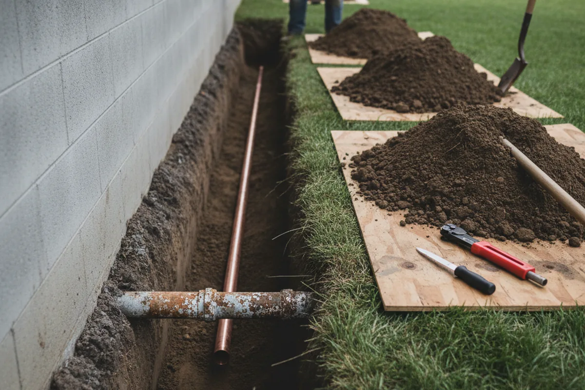 Excavated water line trench during Sewer Line Repair in Kelayres